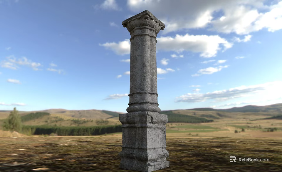 Ancient Stone Pillar Standing In Open Grassland Under Blue Sky With White Clouds 3d model 