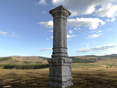 Ancient Stone Pillar Standing In Open Grassland Under Blue Sky With White Clouds 3d model
