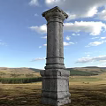Ancient Stone Pillar Standing In Open Grassland Under Blue Sky With White Clouds