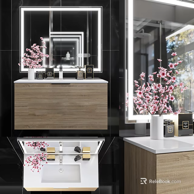 Stylish Bathroom Vanity With Wooden Cabinet White Countertop And Pink Cherry Blossom Vase 3d model 
