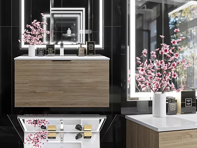 Stylish Bathroom Vanity With Wooden Cabinet White Countertop And Pink Cherry Blossom Vase 3d model
