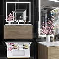 Stylish Bathroom Vanity With Wooden Cabinet White Countertop And Pink Cherry Blossom Vase