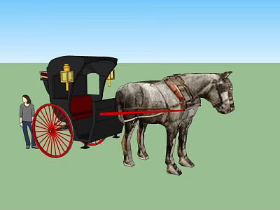 Gray Horse Pulling Black Carriage With Red Wheels Yellow Lanterns And Person Nearby 3d model