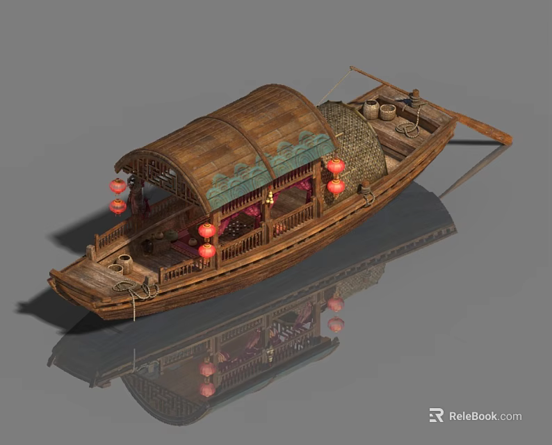 Vintage Traditional Wooden Boat With Decorative Brown Canopy And Red Lanterns 3d model 
