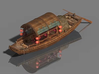 Vintage Traditional Wooden Boat With Decorative Brown Canopy And Red Lanterns 3d model