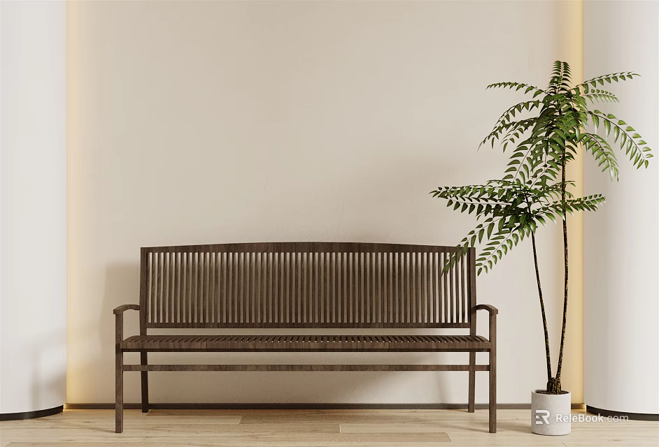 Modern Public Bench With Wooden Slats Metal Frame And Green Plant By Light Wall 3d model 