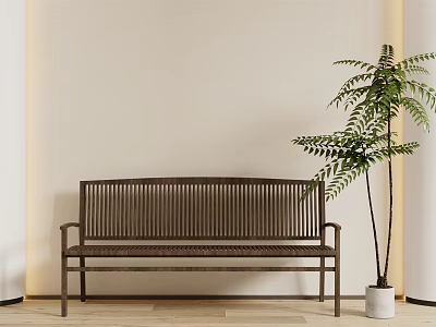 Modern Public Bench With Wooden Slats Metal Frame And Green Plant By Light Wall 3d model