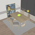Modern Dining Table Set With Light Wood Chairs Green Bowl And Abstract Painting