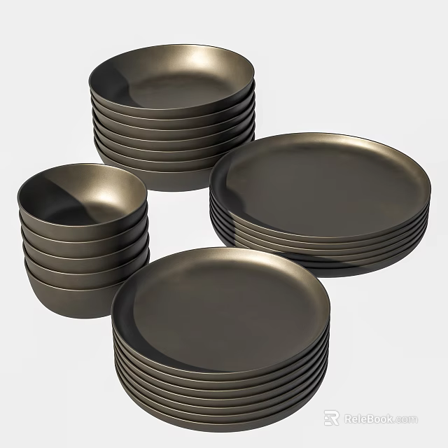 Stacked Matte Black Dinnerware Set With Plates And Bowls For Everyday Dining 3d model