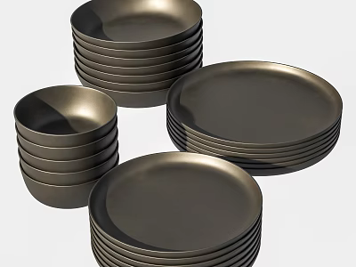 Stacked Matte Black Dinnerware Set With Plates And Bowls For Everyday Dining 3d model