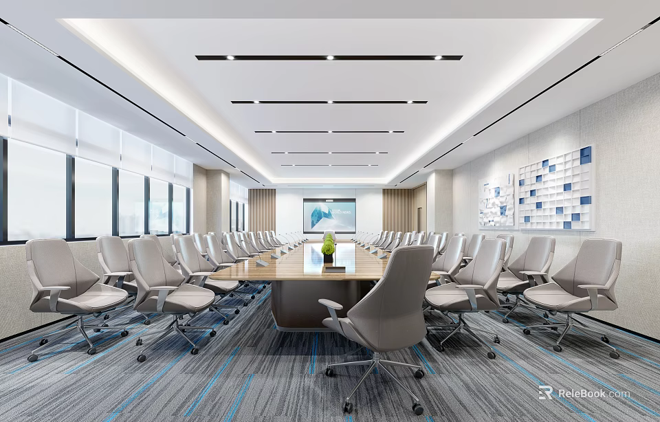 Modern Conference Room Interior With Long Table Ergonomic Chairs And Large Display Screen 3d model 