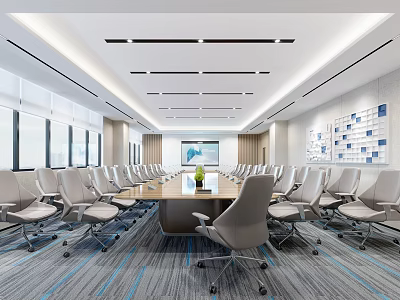 Modern Conference Room Interior With Long Table Ergonomic Chairs And Large Display Screen 3d model