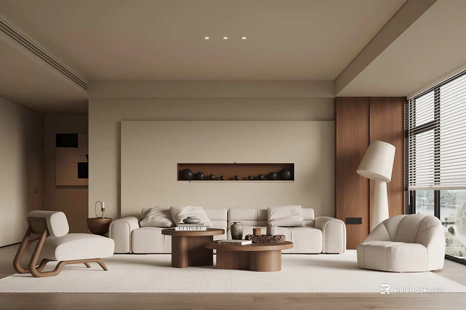 Modern Living Room Interior Design With Beige Sofa Wooden Coffee Table And Floor Lamp 3d model 