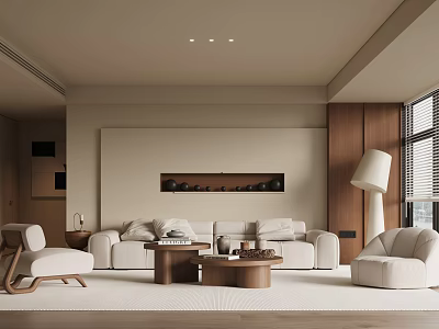 Modern Living Room Interior Design With Beige Sofa Wooden Coffee Table And Floor Lamp 3d model