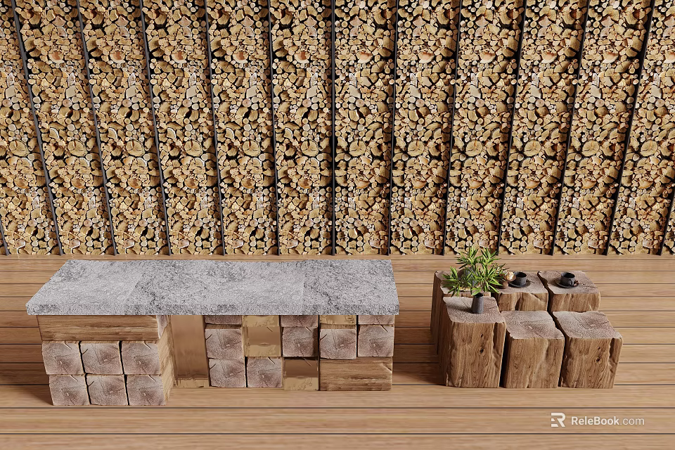 Natural Wooden and Stone Interior With Log Wall Stone Countertop and Wooden Blocks 3d model 