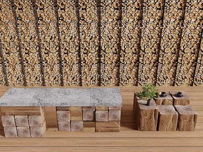 Natural Wooden and Stone Interior With Log Wall Stone Countertop and Wooden Blocks 3d model