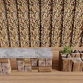 Natural Wooden and Stone Interior With Log Wall Stone Countertop and Wooden Blocks