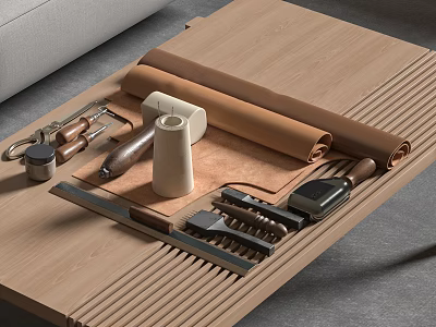 Professional Hardware Tools Set On Wooden Tabletop With Leather Rolls And Accessories 3d model