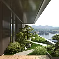 Modern Home Balcony With Green Plants Wooden Flooring And Mountain Lake View