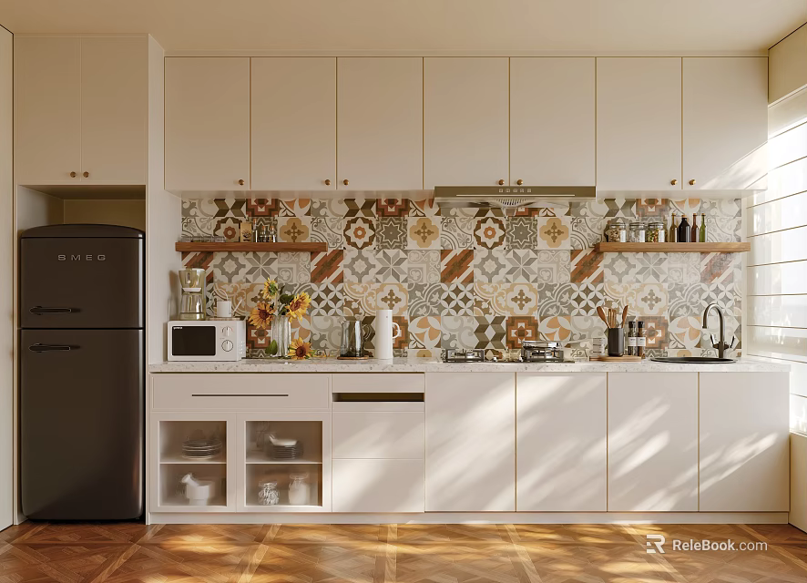 Modern Kitchen Interior With White Cabinets Black Refrigerator Patterned Tile Backsplash And Wooden Floor 3d model 