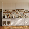 Modern Kitchen Interior With White Cabinets Black Refrigerator Patterned Tile Backsplash And Wooden Floor