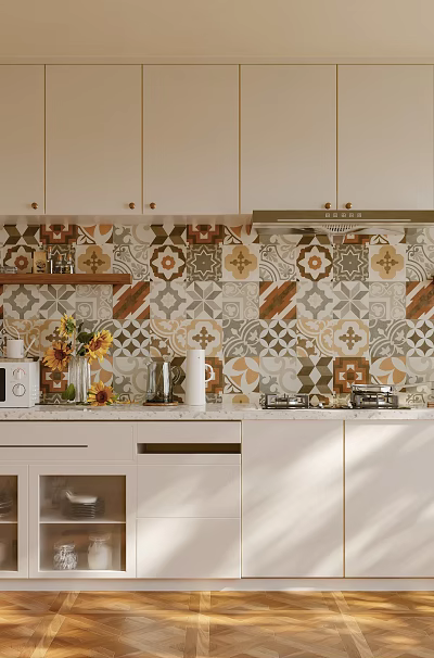 Modern Kitchen Interior With White Cabinets Black Refrigerator Patterned Tile Backsplash And Wooden Floor 3d model