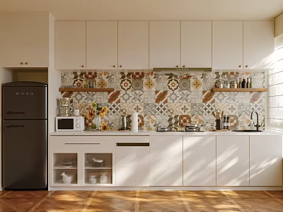 Modern Kitchen Interior With White Cabinets Black Refrigerator Patterned Tile Backsplash And Wooden Floor 3d model