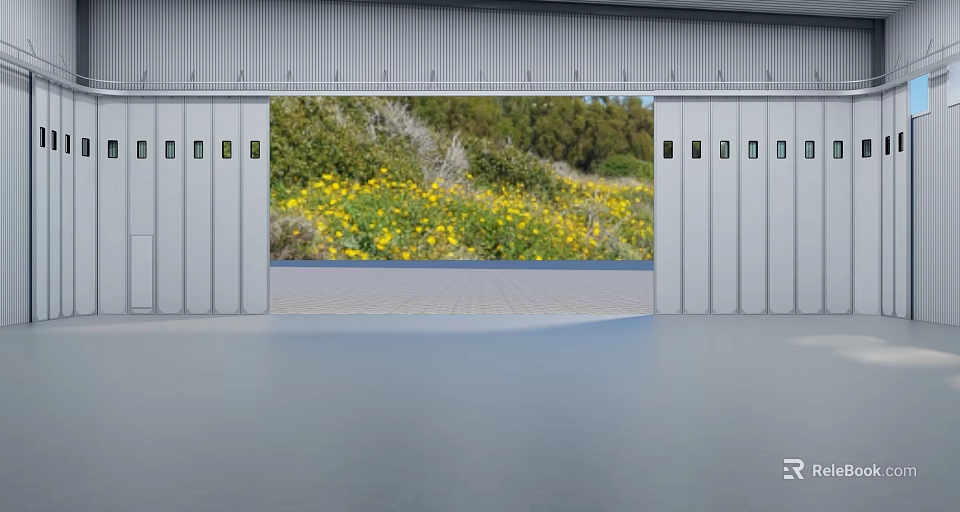 Open Gray Metal Roller Door Revealing Yellow Flowers Green Vegetation And Gray Paved Ground 3d model 