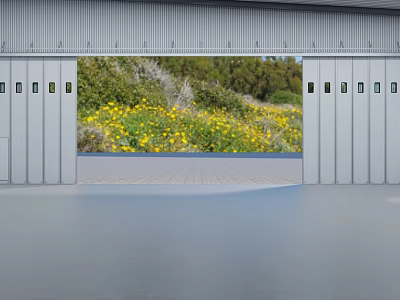 Open Gray Metal Roller Door Revealing Yellow Flowers Green Vegetation And Gray Paved Ground 3d model