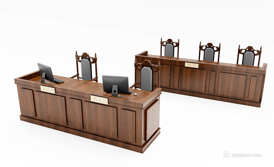 Wooden Courtroom Desk And Chair Set With Computer Monitors And Carved Seats 3d model 