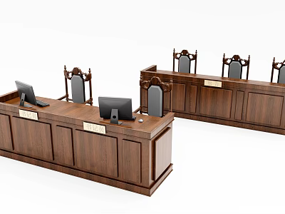 Wooden Courtroom Desk And Chair Set With Computer Monitors And Carved Seats 3d model