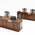 Wooden Courtroom Desk And Chair Set With Computer Monitors And Carved Seats
