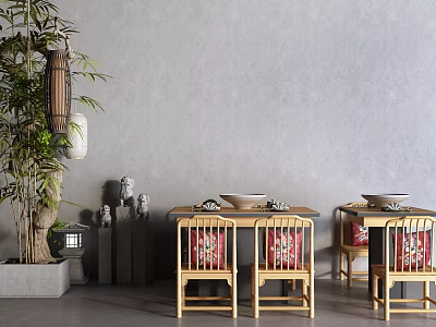 Wooden Dining Table and Chair Set With Bamboo Plant Gray Concrete Wall Red Cushions 3d model