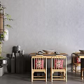 Wooden Dining Table and Chair Set With Bamboo Plant Gray Concrete Wall Red Cushions