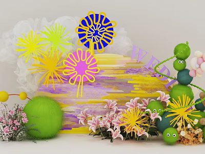 Vibrant Wedding Photo Spot With Firework Decorations WED Letters Green Cartoon Elements And Flowers 3d model