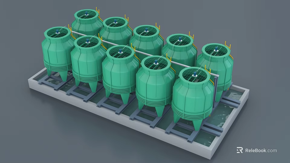 Multiple Green Industrial Cooling Towers Mounted on Steel Platform Structure 3d model