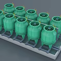 Multiple Green Industrial Cooling Towers Mounted on Steel Platform Structure 3d model