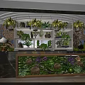Modern Bar Counter With Black Marble Surface Green Plants Succulents Hanging Lights And Carved Decorations