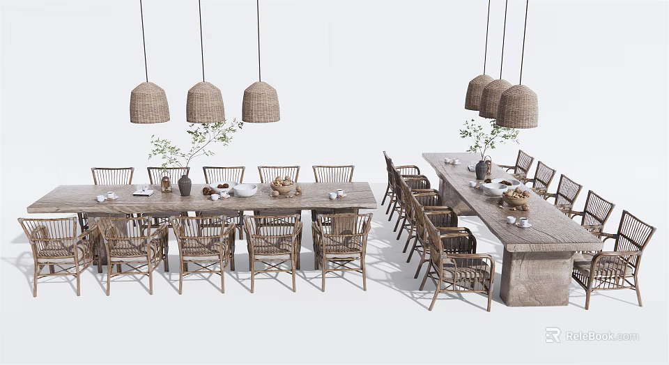Rustic Wooden Dining Table Set With Woven Pendant Lights And Matching Chairs 3d model 