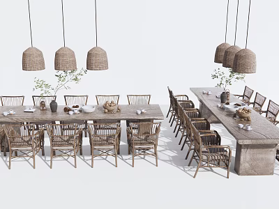 Rustic Wooden Dining Table Set With Woven Pendant Lights And Matching Chairs 3d model
