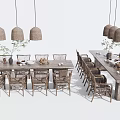Rustic Wooden Dining Table Set With Woven Pendant Lights And Matching Chairs