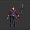 3D Construction Worker Character Model With Red Plaid Shirt Overalls And Saw Tool