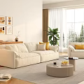 Modern Living Room Interior With Beige Sofa Yellow Cushions Wooden Sideboard And Large Windows