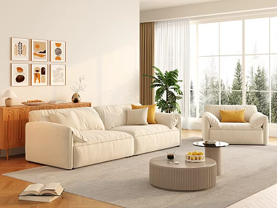 Modern Living Room Interior With Beige Sofa Yellow Cushions Wooden Sideboard And Large Windows 3d model