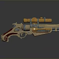 Vintage Weapon Pistol Featuring Gold Accents Red Grip Brass Scope And Intricate Engravings