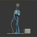 Blue Humanoid Sculpture Holding Silver Helmet Like Object With White Cables Connected To Square Device