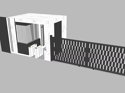 Modern White Security Booth with Glass Windows and Black Slatted Gate 3d model