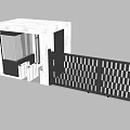 Modern White Security Booth with Glass Windows and Black Slatted Gate