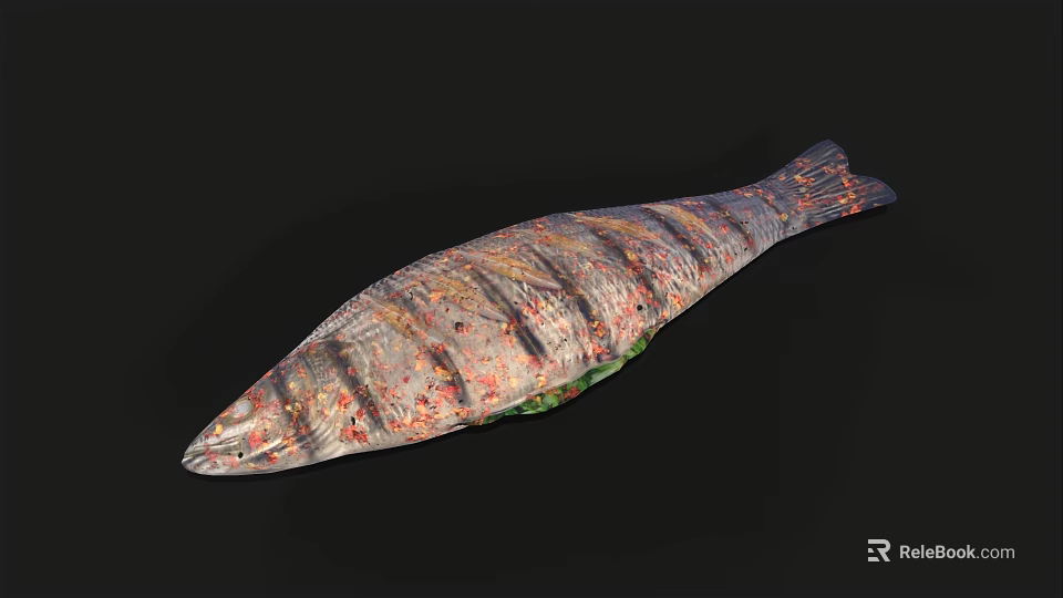 Fresh Colorful Striped Fish With Green Vegetables On Black Background 3d model 