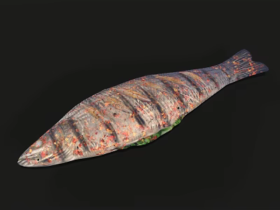 Fresh Colorful Striped Fish With Green Vegetables On Black Background 3d model
